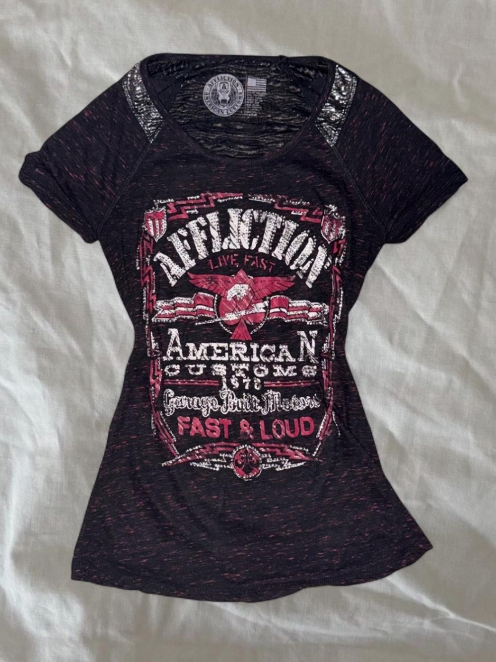 Affliction Women's Black Tee with Pink Graphic Logo